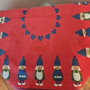 Vintage Linen Red Tablecloth with Blue Gnome Pattern Square